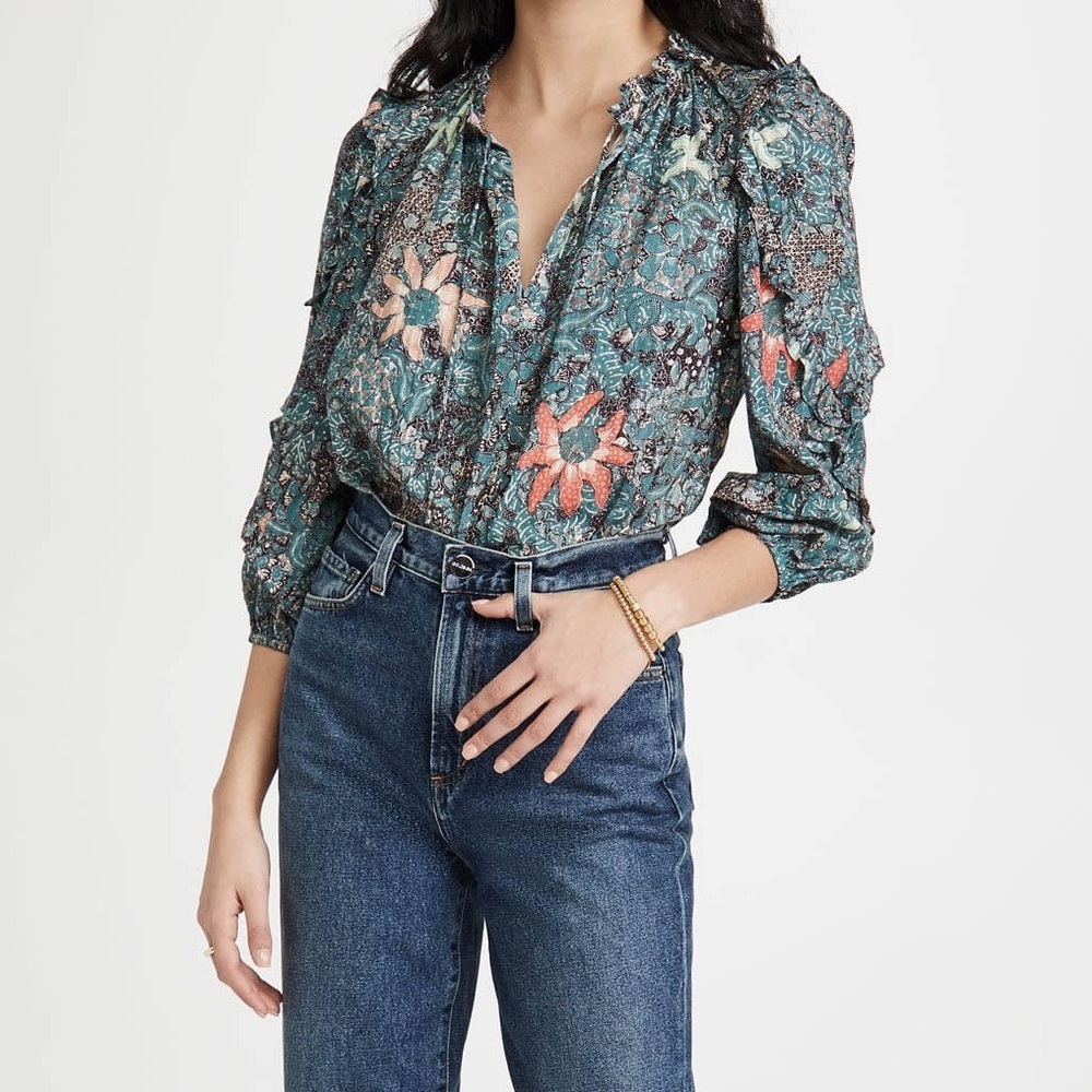 Ulla Johnson || Manet Blouse Floral Tie Neck Cotton Teal 0